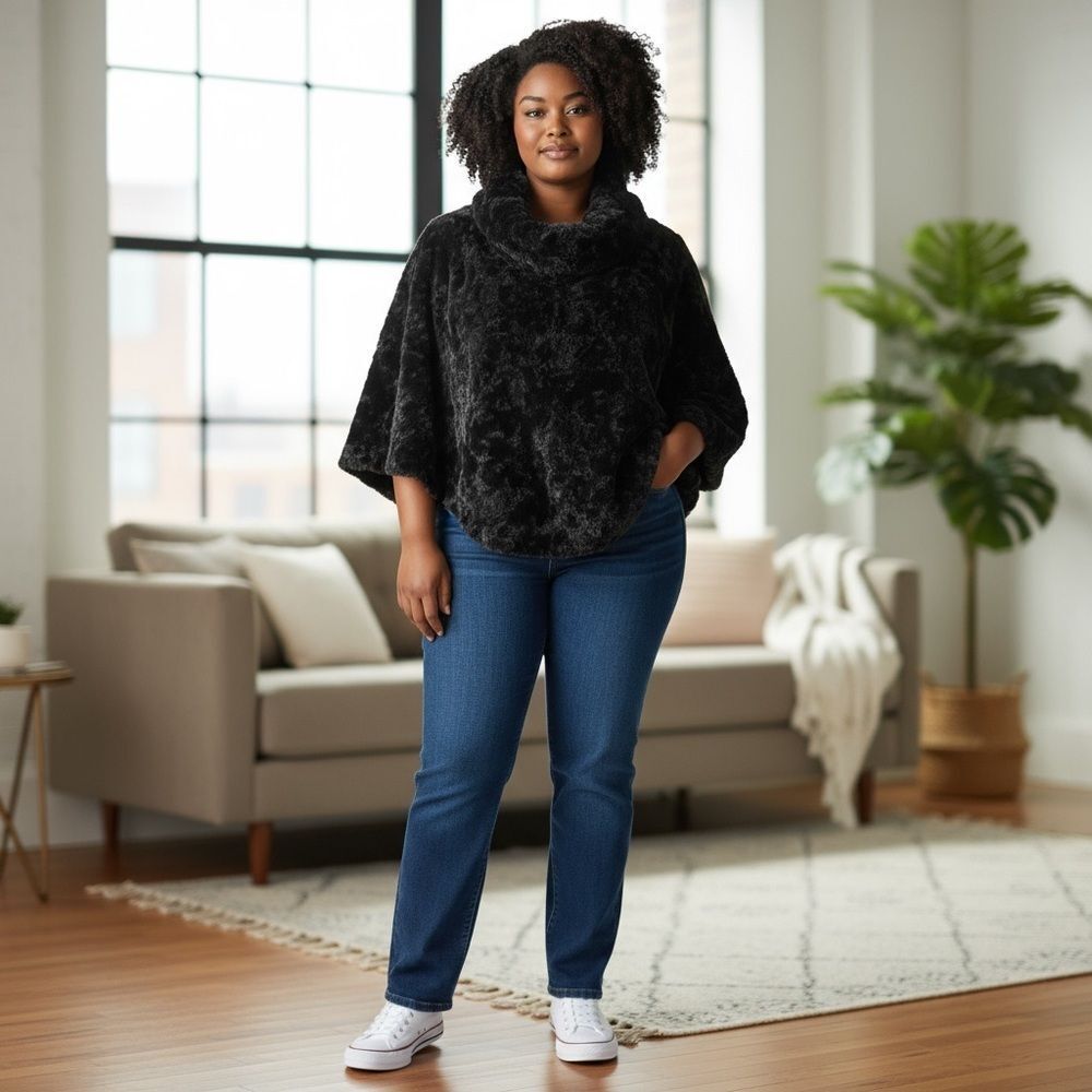 ✔️ Beautiful Fuzzy Black Poncho
